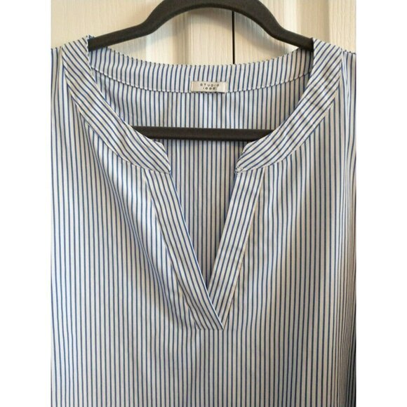 STUDIO 1886 Blue White Pinstripe Asymmetrical Hem Blouse Tunic - XL (16) - Picture 2 of 7